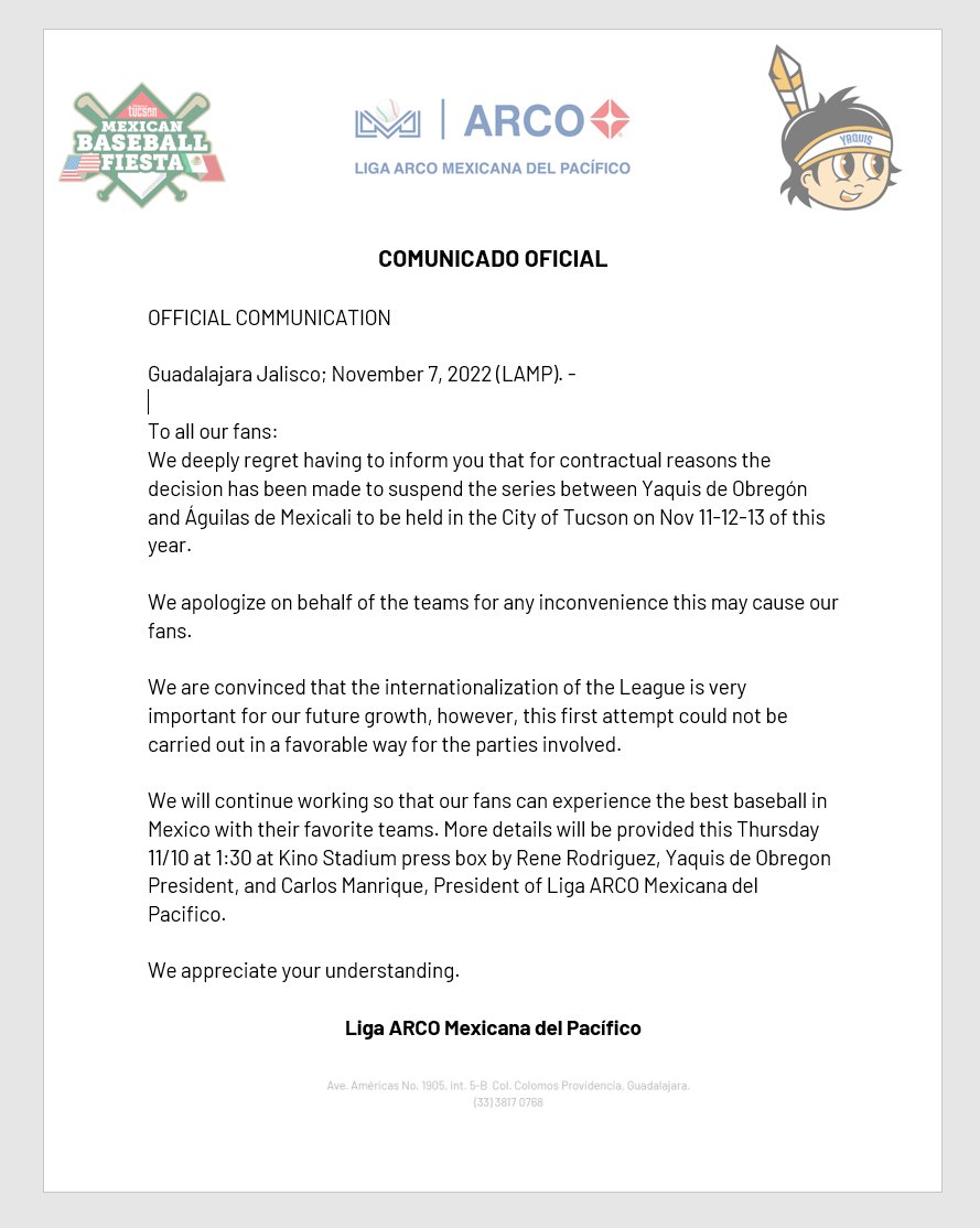 Official message from Liga Arco Mexicana, Yaquis de Obregon and Mexican Baseball Fiesta.