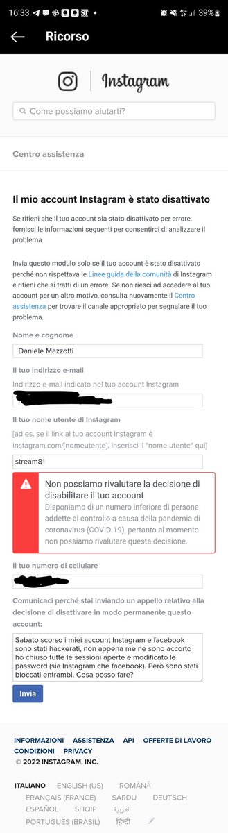 stream81's tweet photo. @GiuseppeBaia @instagram Non possono rivalutare la mia richiesta per via del covid.. no comment. Con Instagram bloccato non riesco ad accedere nemmeno a facebook https://t.co/Dc69C0XYWX