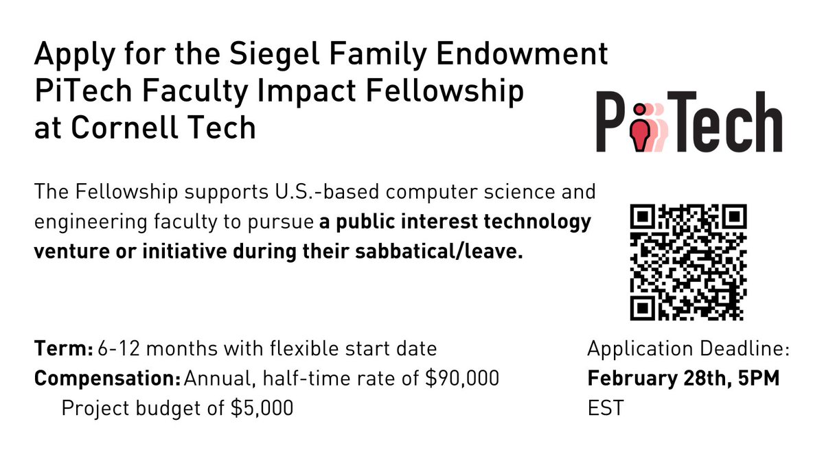 The PiTech Initiative at @cornell_tech is currently recruiting for the PiTech Faculty Impact Fellowship! We support U.S.-based computer science and engineering faculty from outside of Cornell For more information and to apply by 2/28, visit our website lnkd.in/eY8nEt6u