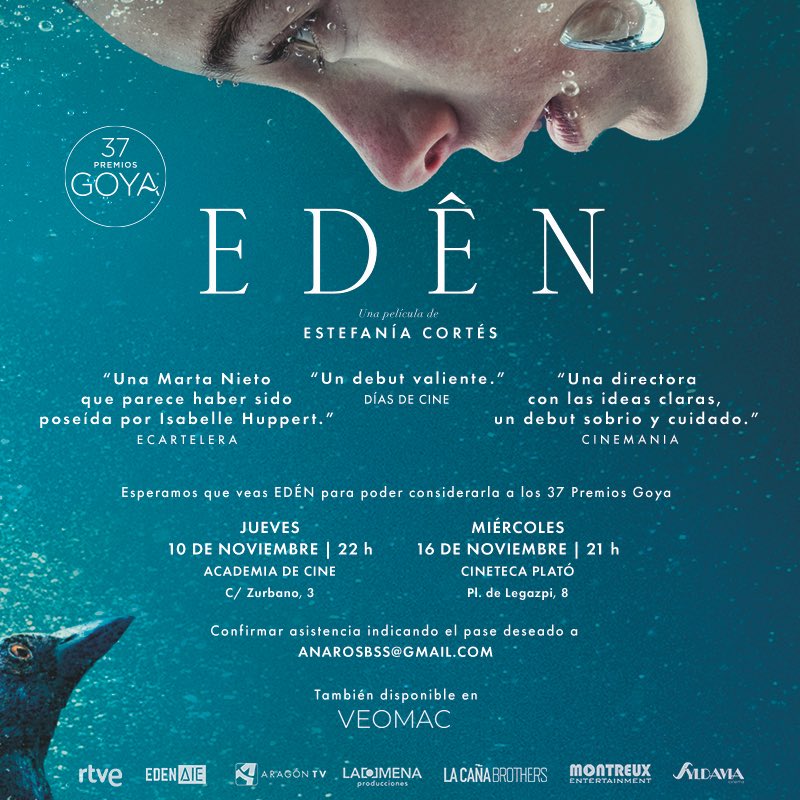 AnaRosbss's tweet image. Este próximo jueves 10, a las 22 horas, en la @academiadecine, para vuestra  consideración a los #Goya2023, se proyectará #EDÉN, de @estefaniacortes para los #academicos que quieran disfrutar de su increíble #Fotografía en pantalla grande. Disponible también en #Veomac