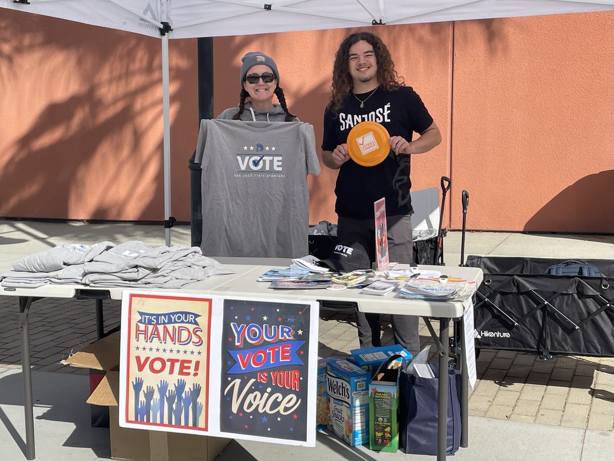 SJSU's tweet image. Did you vote yet? @SJSUvotes and #SJSU Student Affairs are on campus today, answering questions, giving out swag and getting out the vote!