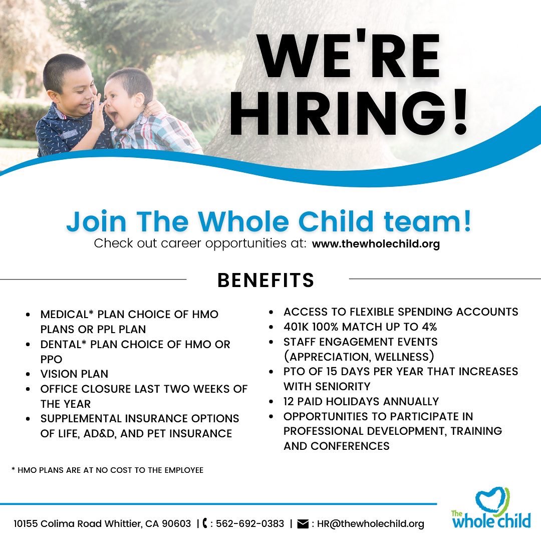 The Whole Child is hiring! Please visit the link in our bio for more information on the currently available positions and to apply online.

#thewholechild #whittier #downey #nonprofit #werehiring