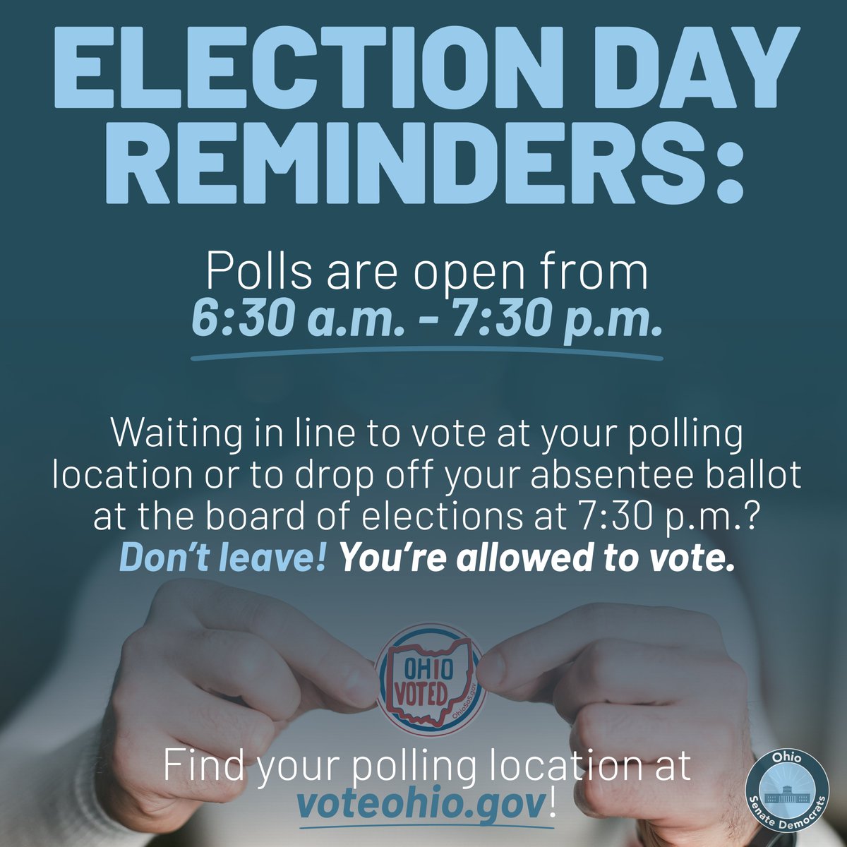 🗳️Election Day is finally here! 🗳️
 
If you have yet to vote in-person or deliver your ballot to the board of elections, you have until 7:30 p.m.
 
Find your polling location or view a sample ballot at VoteOhio.gov!