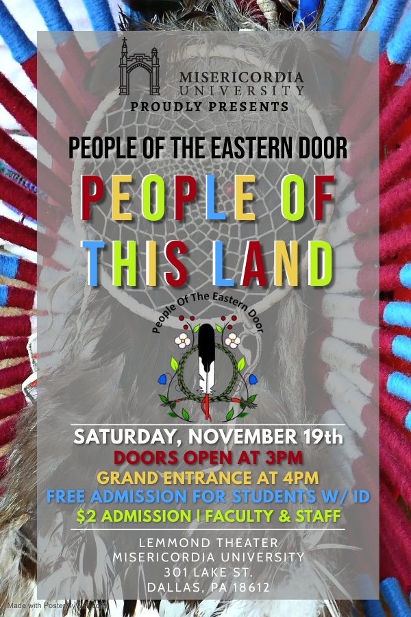 🚨UPCOMING EVENT🚨

We are super excited to collaborate with People of the Eastern Door, and present to you the "People of this Land" Show!

Admission:
Students - Free w/ Student ID
Faculty &amp; Staff - $2 admission
General Public- $5 (children under 13 are free)