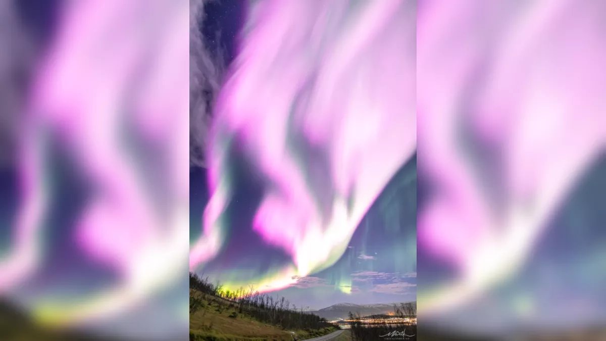 TeahCartel's tweet photo. An explosion of extremely rare pink auroras recently lit up the night sky above Norway after a solar storm slammed into Earth and ripped a hole in the planet's magnetic field.
Image credit: Markus Varik/Greenlander https://t.co/aty9wVs6KQ