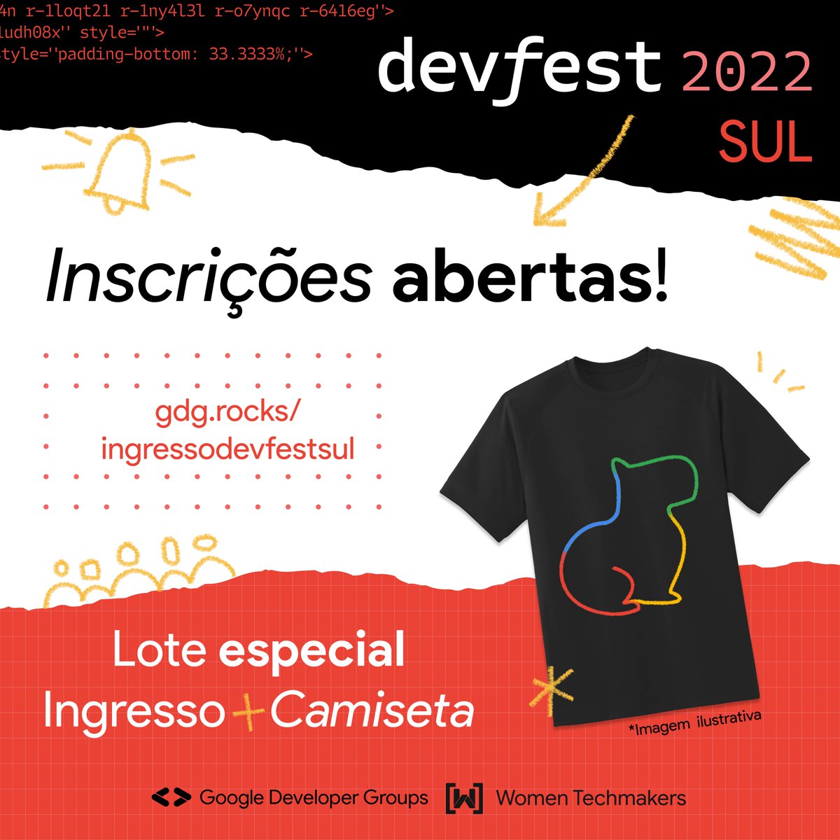 devfestsul's tweet photo. E FOI DADA A LARGADAAA 🏁
As inscrições para o #DevFestSul2022 estão oficialmente ABERTAS! E pra mimar vocês, as primeiras pessoas que comprarem o ingresso irão ganhar também uma camiseta do evento❤️
Os ingressos estão à venda no link https://t.co/TD9VFMz40A 🚀 https://t.co/VVFmaNGEig