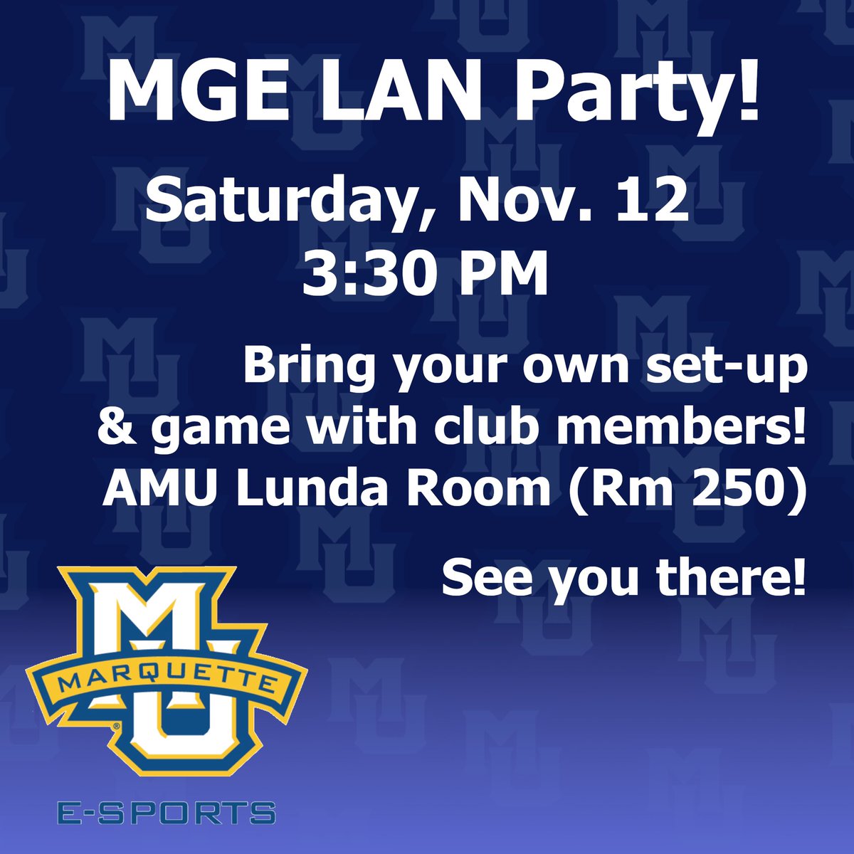 We are having a big LAN party this Saturday!  🥳 Bring your set-ups and come join us! Pizza and drinks will be provided!🍕🥤 We will also be doing a Koss merch giveaway! 💙💛 #WeAreMarquette #MarquetteEsports #Gaming #Esports