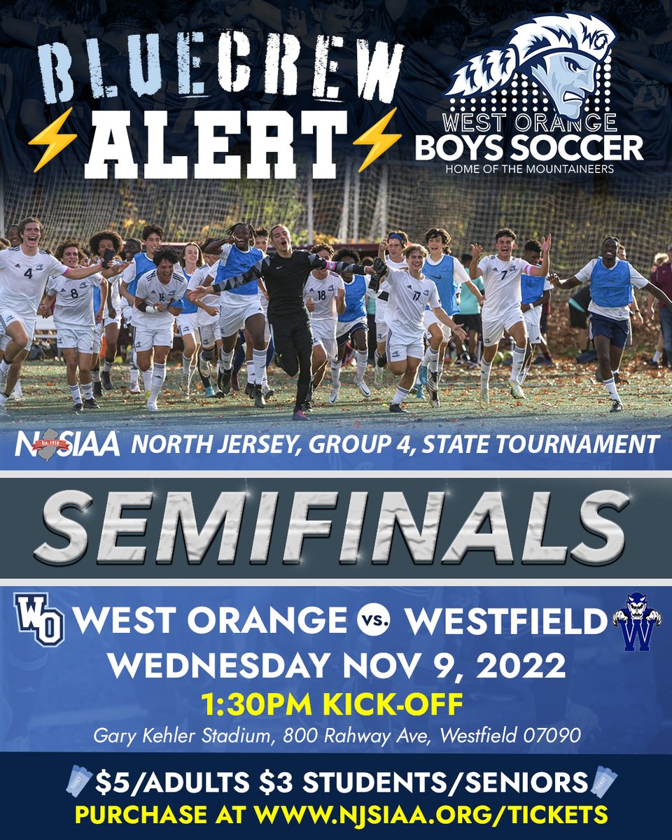 West Orange Boys Soccer continues their run in the State Tournament traveling to Westfield Wed, Nov 9, 2022, 1:30pm kick-off in the Group 4 Semifinals #wopride <a href="/woschools/">West Orange Schools</a> <a href="/dougienevs/">Doug Nevins</a>

🎟 Purchase tickets at woboe.org/tickets

💻 Watch live at woboe.org/boyssoccer