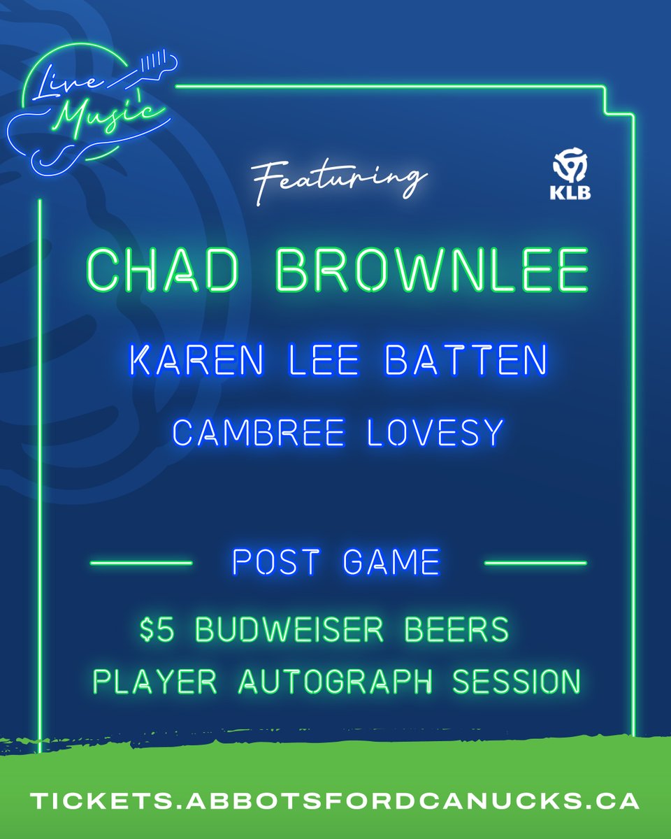X - Abbotsford Canucks (@abbycanucks) on Twitter photo YEE-HAW 🤠
Country Night is almost here, so be sure to secure your seats now for a real boot-stomping' time featuring performances from <a href="/ChadBrownlee/">Chad Brownlee</a> , <a href="/Karenleebatten/">Karen Lee Batten</a> and @Cambreeofficial 🎶
Get your country on now 👉bit.ly/3DgU7qL YEE-HAW 🤠
Country Night is almost here, so be sure to secure your seats now for a real boot-stomping' time featuring performances from <a href="/ChadBrownlee/">Chad Brownlee</a> , <a href="/Karenleebatten/">Karen Lee Batten</a> and @Cambreeofficial 🎶
Get your country on now 👉bit.ly/3DgU7qL