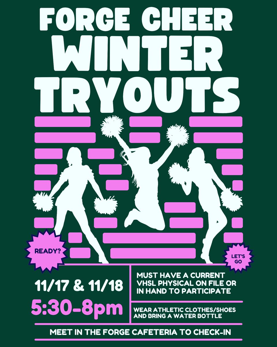ForgeCheer's tweet photo. It’s that time! Winter cheer tryouts are almost here. Be sure to have a current VHSL physical on file or in hand! See you soon. https://t.co/IFaYxn8HZ5