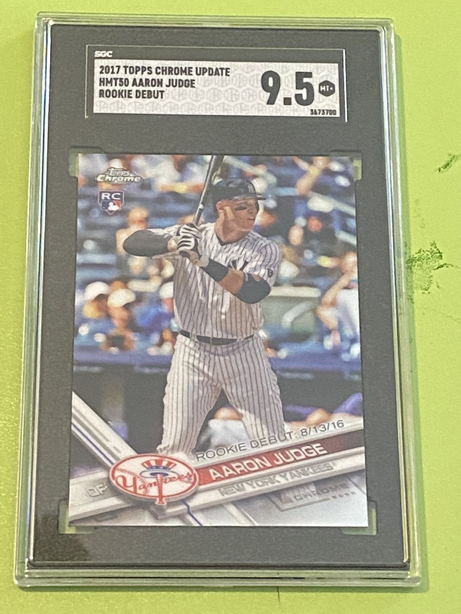 CardsJones's tweet image. 2017 Topps Chrome Update Aaron Judge Rookie Debut SGC 9.5 100 dollars OBO Reasonable offers will be considered.  @HobbyConnector @sports_sell @HiveRetweets