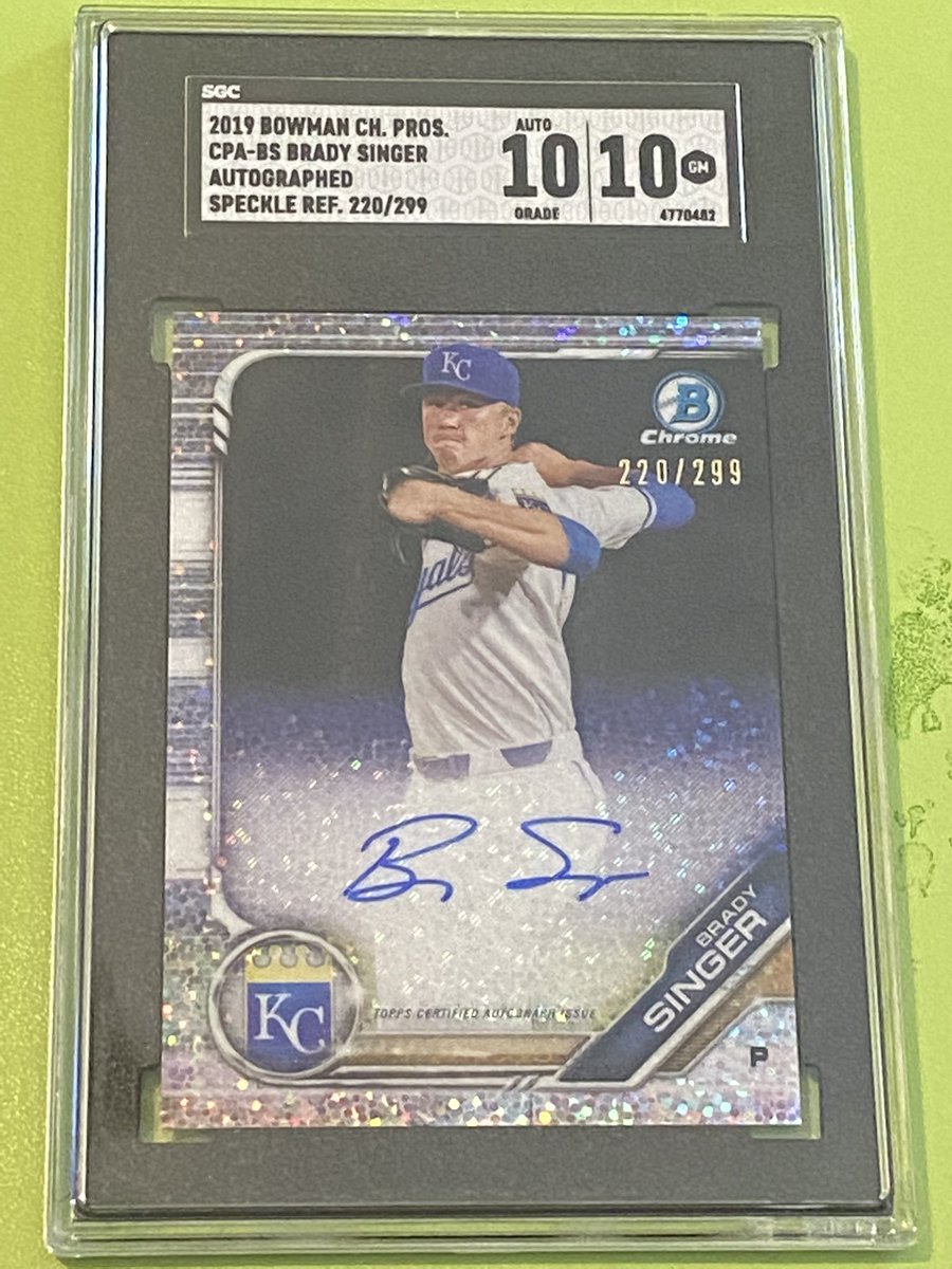 CardsJones's tweet image. 2019 Bowman Chrome Prospects Brady Singer Auto numbered speckle refractor 220/299 SGC 10 300 dollars OBO Reasonable offers will be considered.  @HobbyConnector @sports_sell @HiveRetweets