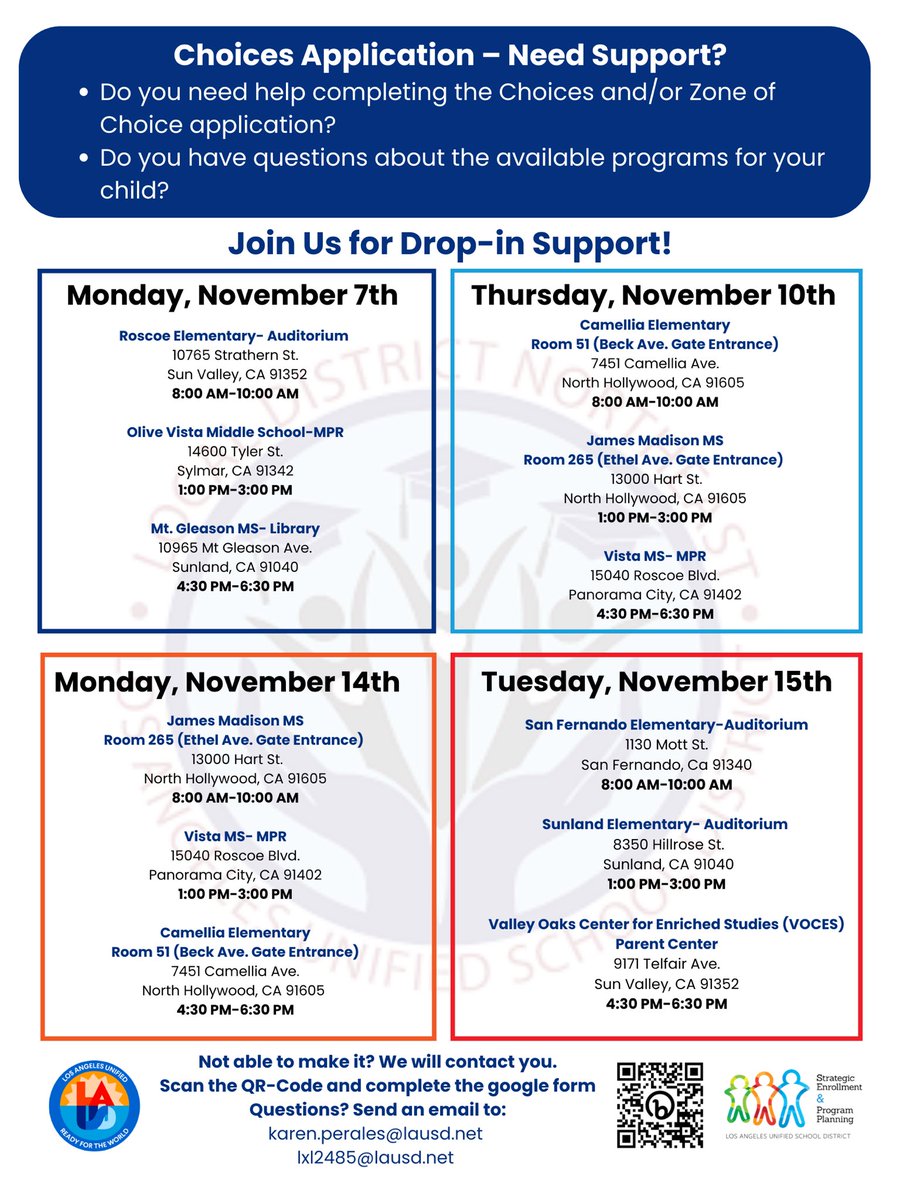 Do you need assistance completing the Choices and/or Zone of Choice Application? Join us for our in-person, drop-in support! Please see the flyer for dates/time/locations.