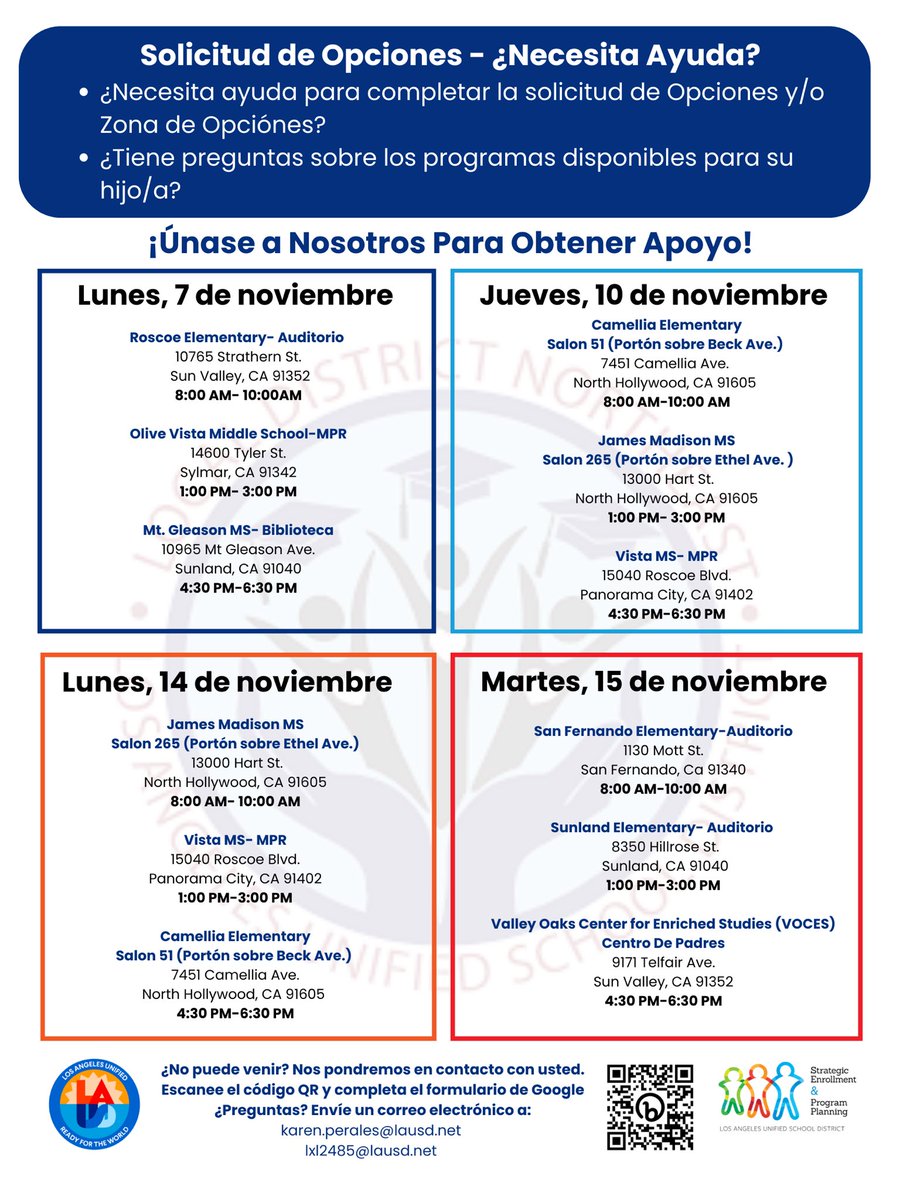 ¿Necesita ayuda para completar la solicitud de Opciones y/o Zona de Opciónes ? ¡Únase a nosotros para nuestro apoyo en persona, sin cita previa! Por favor, consulte el folleto para las fechas / hora / lugares.