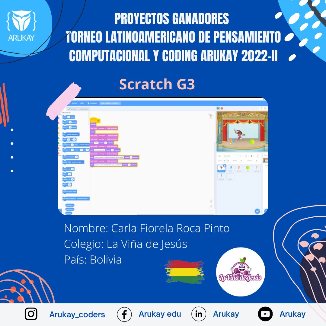ArukayEdu's tweet image. 🥇 Felicitamos a Carla Fiorela Roca Pinto, estudiante del Colegio La Viña de Jesús, Bolivia, al ser galardonada con el primer puesto en su categoría #ScratchG3, al realizar proyecto de presentación de magia en #TorneodeProgramación, #Arukay.