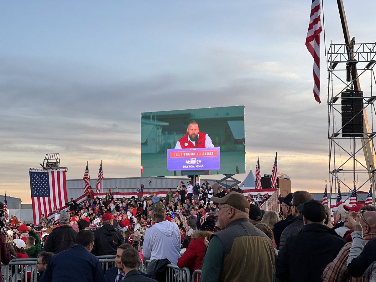 Speakers are taking to the stage at the Dayton International Airport. Donald Trump is scheduled to speak at 8.