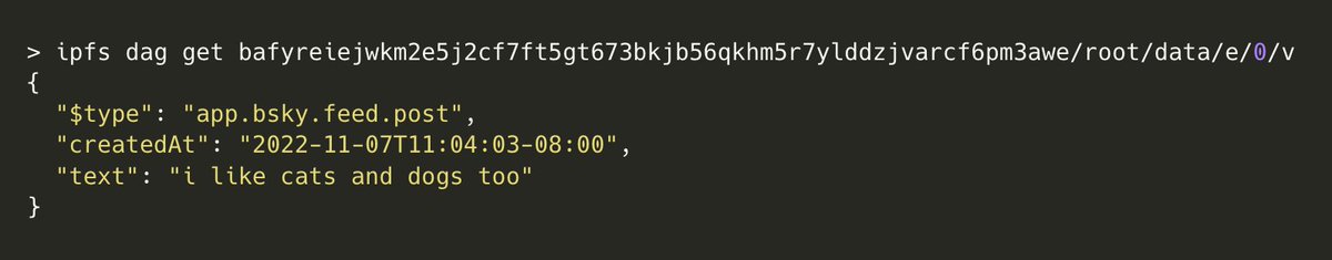 A fun detail of <a href="/at_protocol/">AT Protocol</a> is that we use IPLD for the signed data repositories, which means you can export your data in a .car file and explore it using the IPFS cli tool

Here is drilling down to an individual record from the top: