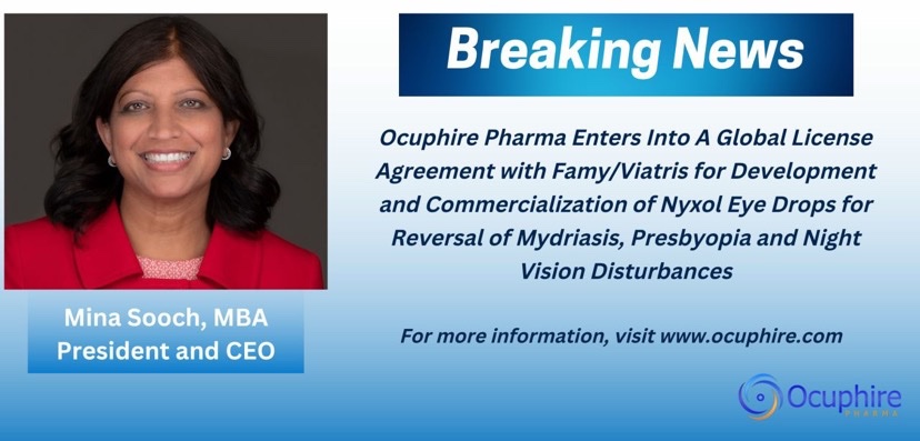 Ocuphire Pharma Enters into a Global License Agreement for Development and Commercialization of Nyxol Eye Drops for Reversal of Mydriasis, Presbyopia and Night Vision Disturbances.

For more information, visit ocuphire.com

#ophthalmology #optometry