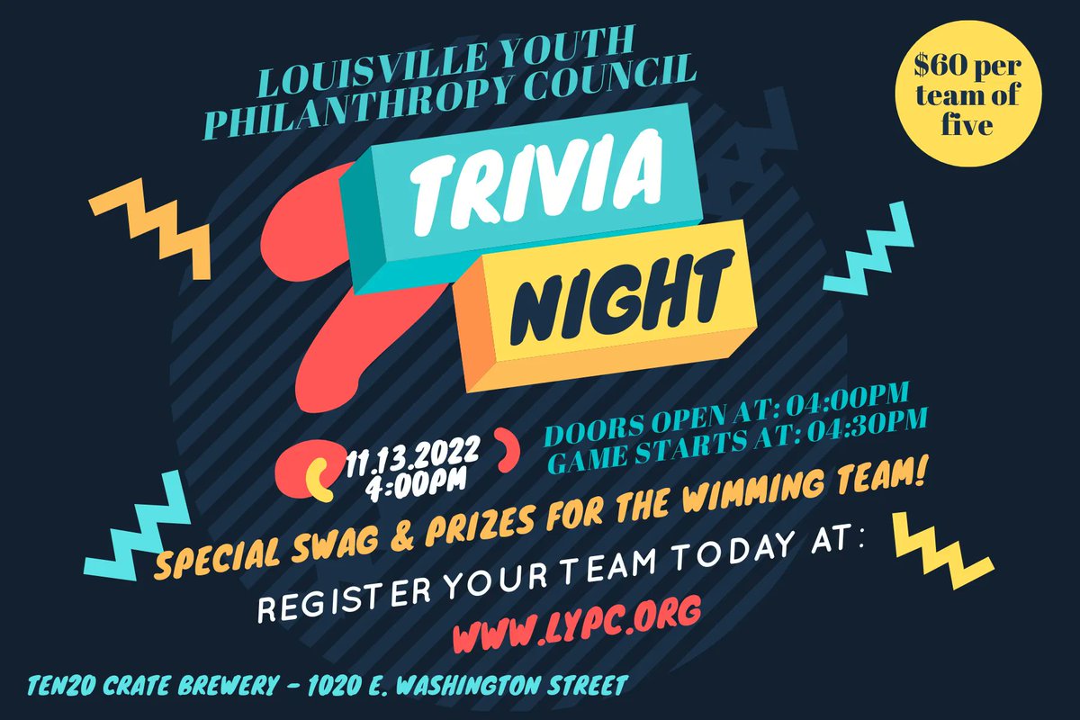 Have you signed up for LYPC Trivia Night? Make sure you secure your spot TODAY! 

Sign up: buff.ly/3yuxvS7