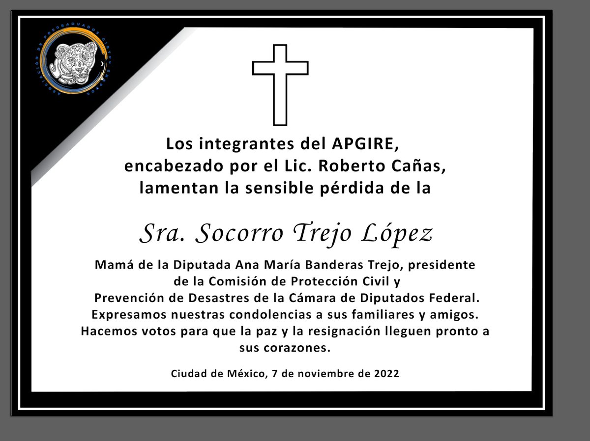 APGIRE1's tweet photo. Sentimos de corazón, está lamentable pérdida. https://t.co/vEwohOcDxE