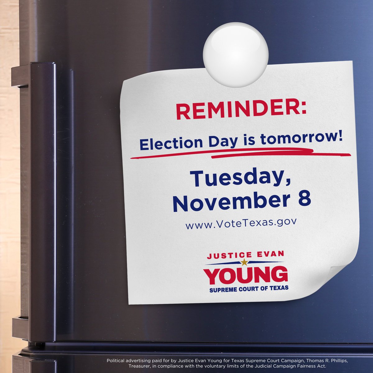 Election Day is almost here. Set a reminder, write yourself a note, or tell a friend. Whatever it takes, make a plan to make your voice heard tomorrow. Voting is how Texans remain a self-governing people. I ask for your vote to continue serving. #VoteTexas #SCOTX