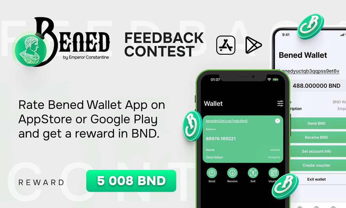 benedcoin's tweet photo. 🟢Bened Wallet App Feedback Contest

We are launching today a competition for the best review of the Bened Wallet app.

Check out the Bened Wallet app in the AppStore or Google Play - Rate app, leave review and get reward! 
More details - https://t.co/FAbDZjzJN1 https://t.co/2wH51aamgV