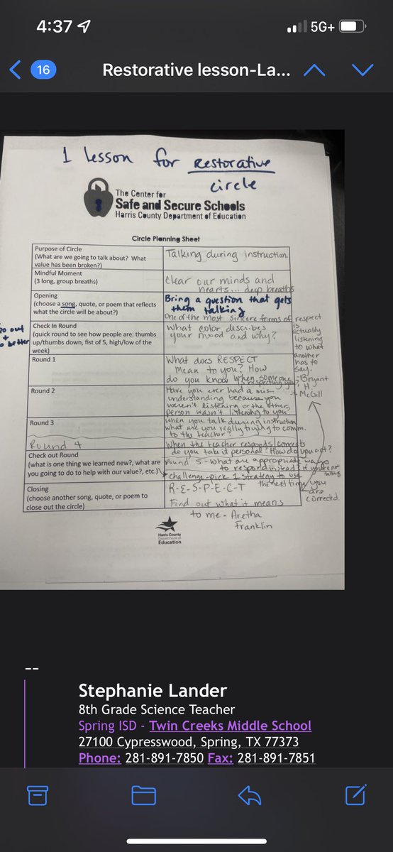 VealsAngela's tweet photo. You know your Restorative Circle Booster PD is engaging and effective when this is turned in after the session! Way to go @HCDEtx and @TwinCreeksMS1 #Tier1 #BehaviorInterventions #PBIS @PrideInRtI https://t.co/XCJlv0vrB3