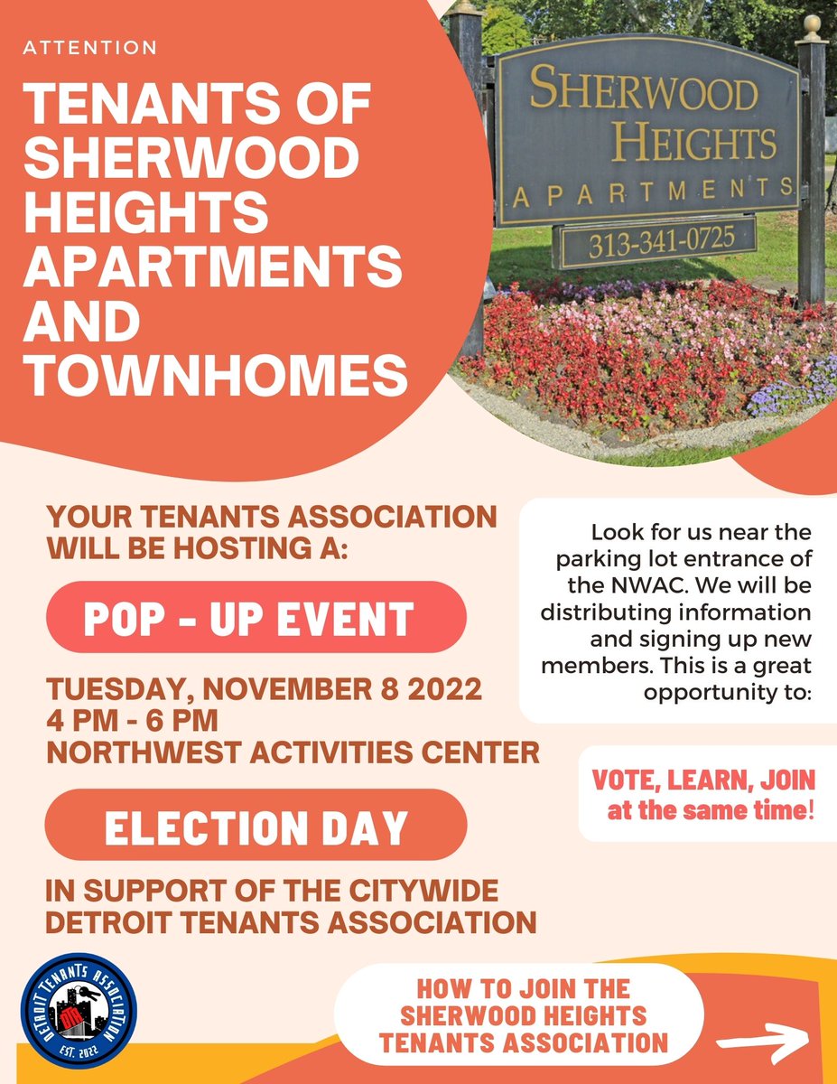 DetroitTenants's tweet photo. TOMORROW! Do you or someone you know live at Sherwood Heights Apartments and Townhomes? #TenantsRevolution #TenantsAssociation #TenantsPower #DetroitTenantsAssociation #ElectionDay2022 https://t.co/ABnjAw7qGo