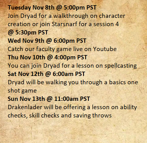 Nat20Academy's tweet photo. We have lots to offer this week! Join our Discord https://t.co/TCJg2fuPfc and message the instructor for a spot. We'd love to have you join our community! #Nat20Academy #ttrpg #dnd5e #dnd https://t.co/pLl9ZFxRFM