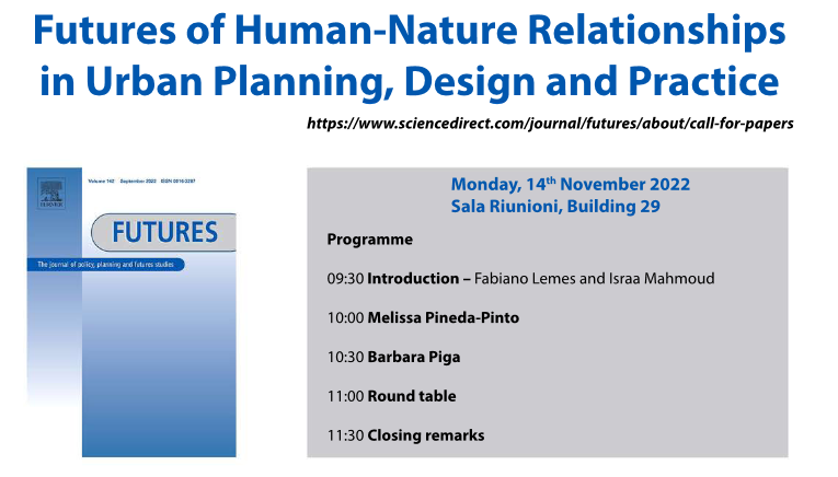 dastu_polimi's tweet photo. #DAStU 14/11/2022, h. 9.30 – 12:00
Zoom Platform - info https://t.co/SuFXf529oc
Join Us at the launch event for the New Special Issue of the FUTURES Journal by Prof. Fabiano Lemes and Dr. Israa Mahmoud
@lemes_f @Israahanafi 
#naturebasedsolutions
#Nature
#climatechange https://t.co/eWqI9pwjXP