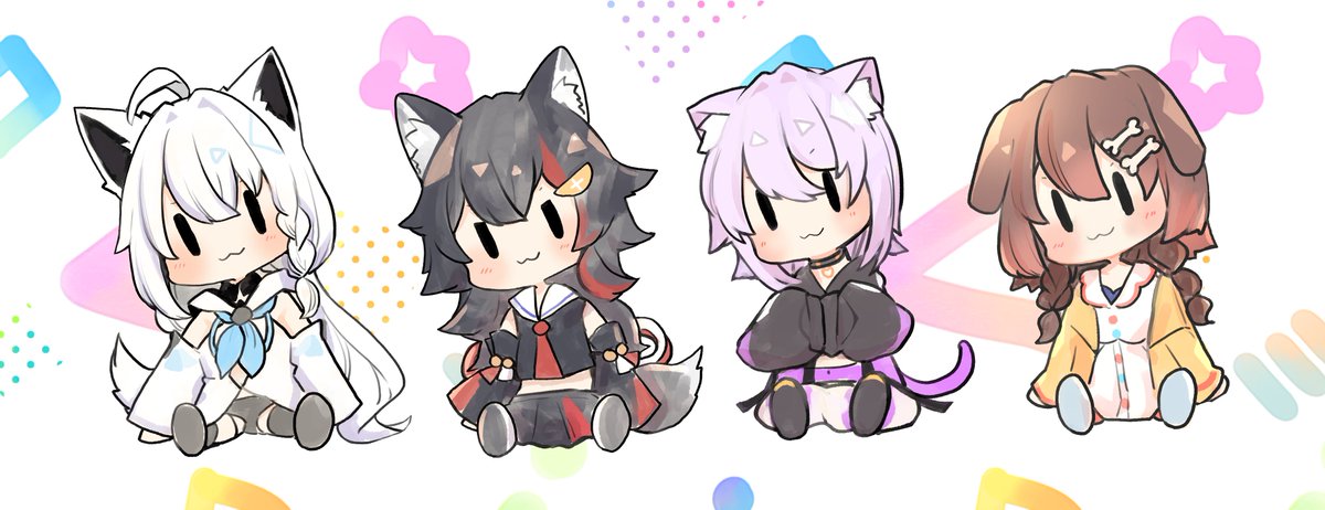 inugami korone ,nekomata okayu ,ookami mio ,shirakami fubuki animal ears wolf ears 4girls dog ears wolf girl cat ears tail  illustration images