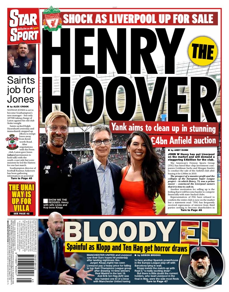 DaveOCKOP's tweet photo. Tomorrow's papers. FGS will demand £4bn for the sale of Liverpool. @andydunnmirror https://t.co/iO9Fpyc85P
