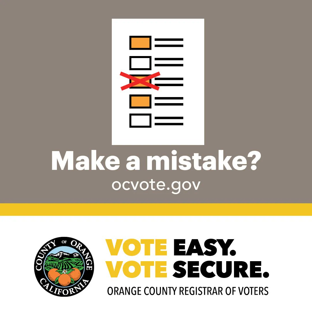 Voting closes on November 8th! If you make a mistake on your ballot, you can simply make a clear notation correcting your vote. For more information on receiving a replacement ballot, visit buff.ly/3lJS4mZ. Remember to vote today! #OCVote #VoteEasyVoteSecure #Voting