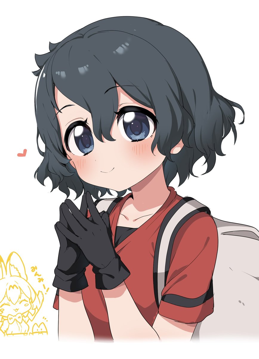 kaban (kemono friends) ,serval (kemono friends) gloves short hair shirt red shirt black hair t-shirt black gloves  illustration images