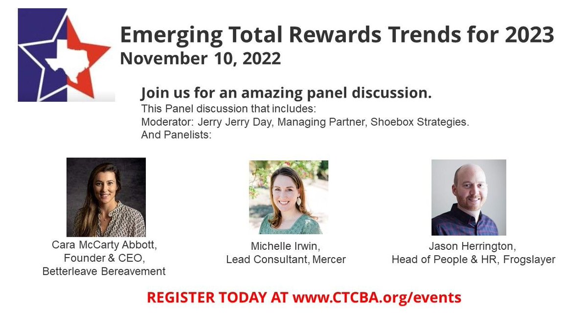 Join us on 11/10 at 11:30am CT for a discussion on emerging total rewards trends for 2023 with the Central Texas Compensation &amp; Benefits Association alongside experts at Mercer, Frogslayer &amp; Shoebox Strategies. Register: lnkd.in/gBy5U5fB. #totalrewards #hr #bereavementcare