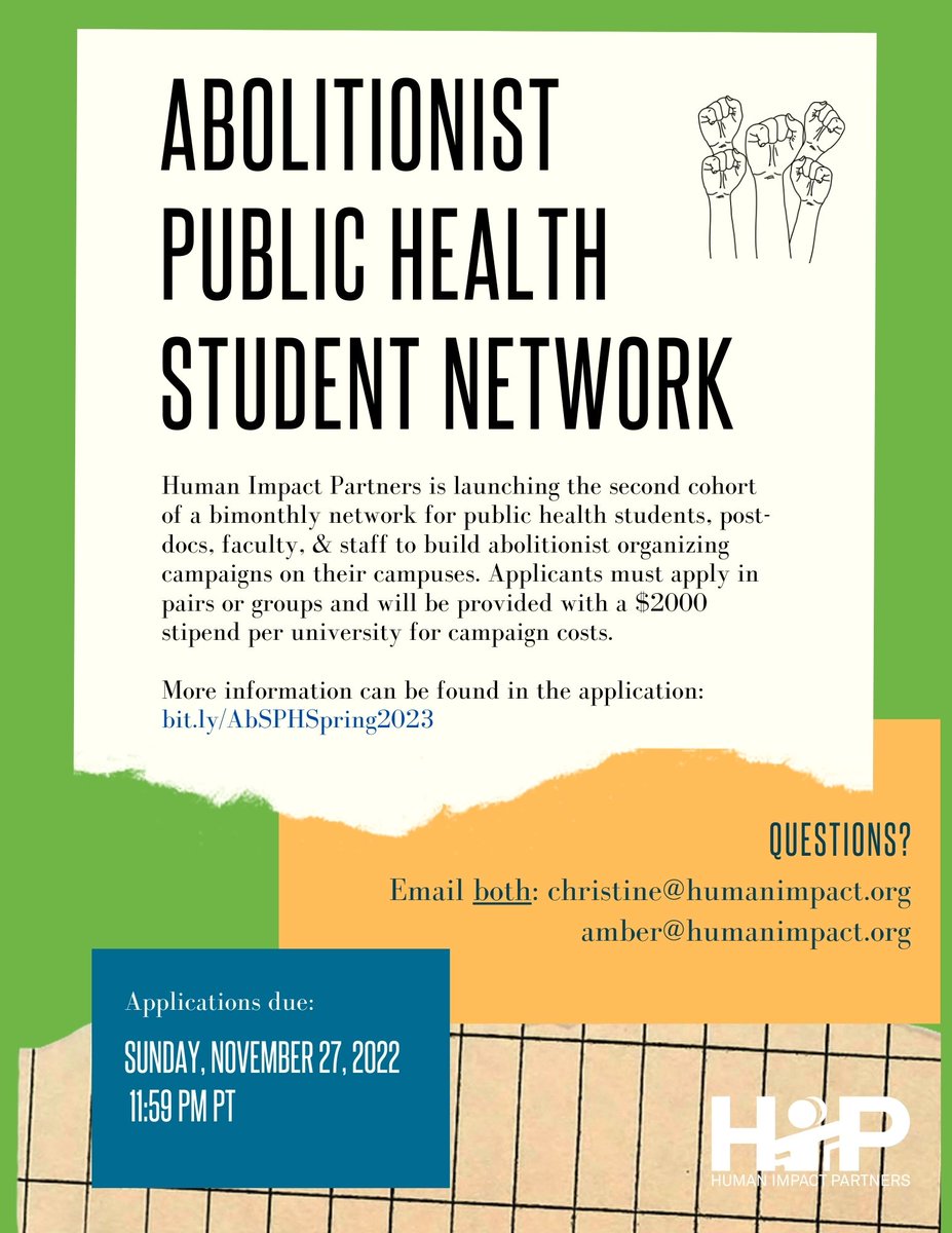 HumanImpact_HIP's tweet photo. Interested in organizing for #HealthNotPunishment at your school? @HumanImpact_HIP is launching the Spring 2023 cohort of our abolitionist public health student network for those interested in building campaigns on their campus. Application &amp; more: https://t.co/9rgsAI185C https://t.co/yFd2Z2OuCS