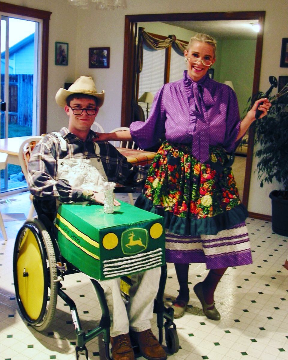 NathanDOgden's tweet photo. First Halloween after becoming paralyzed. We had to get creative and go for it. We could’ve easily stayed home and watched TV but Heather is a rockstar and wouldn’t let that happen.

#nevergiveup #keeppushing #Halloween #JohnDeere #paralysis #sci #progress #wheels #wheelchairuser https://t.co/2EAiOLk1gp