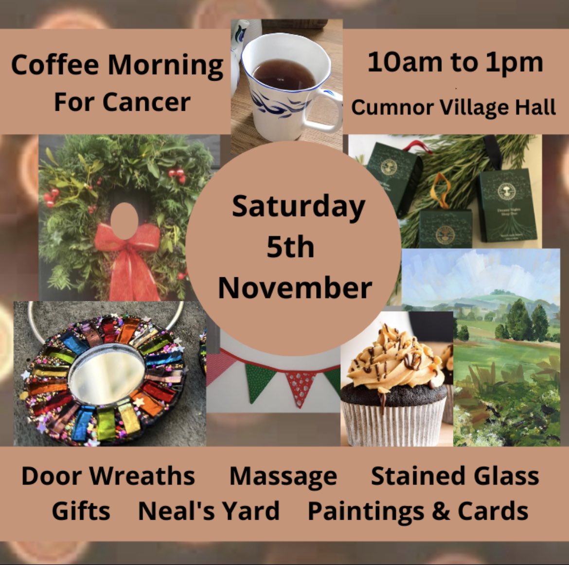 This Sat 5th Nov!
Come and share a #CoffeeForCancer or tea or tisane, indulge in a yummy cake and chat, all in support of the hardworking charities. Volunteers are giving their time and homemade cakes. With 100% going to MacMillan Nurses.
