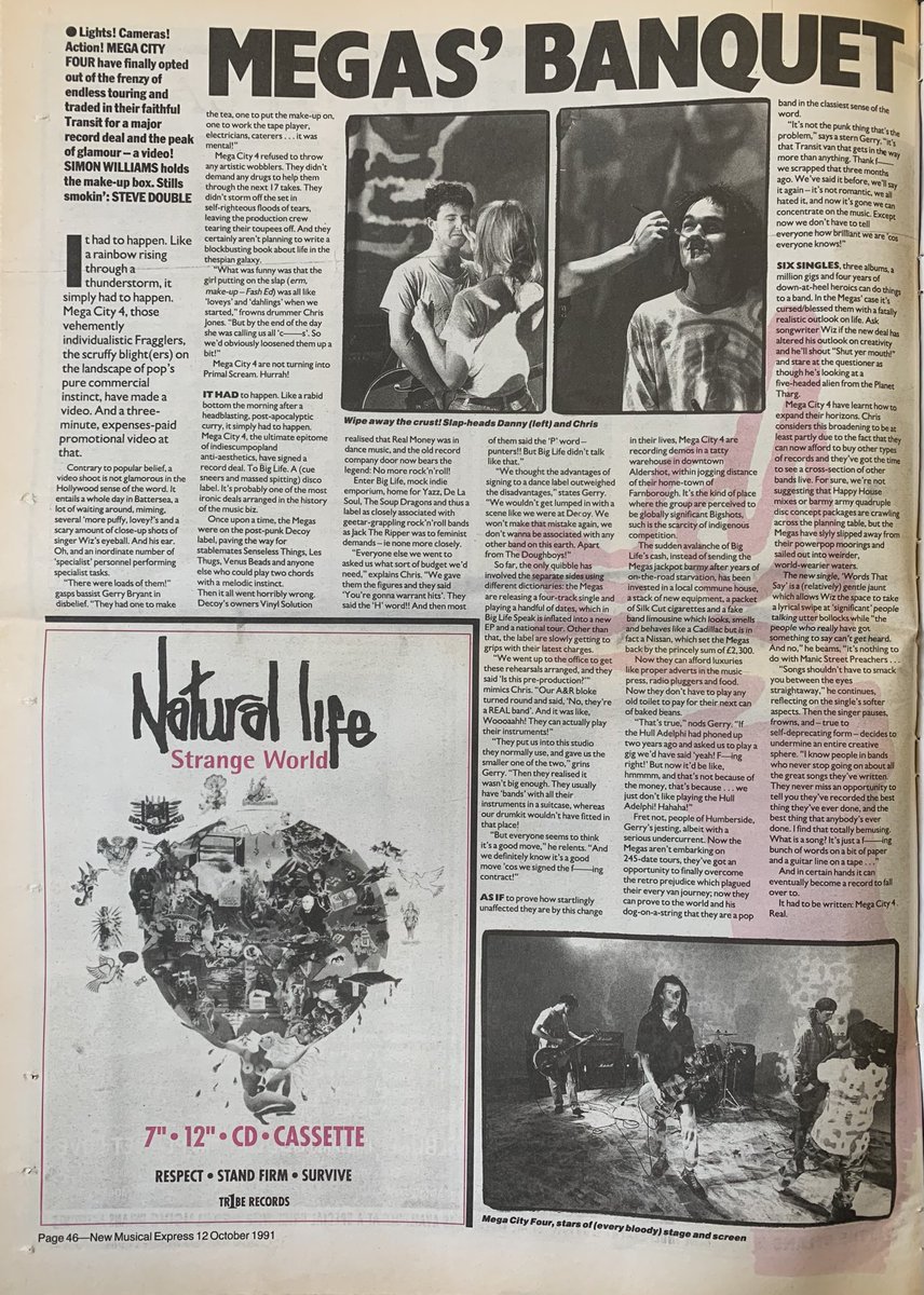 Mega City Four meet Simon Williams. Steve Double with the photos. NME, 12 October 1991. #NME #MyLifeInTheUKMusicPress #1991