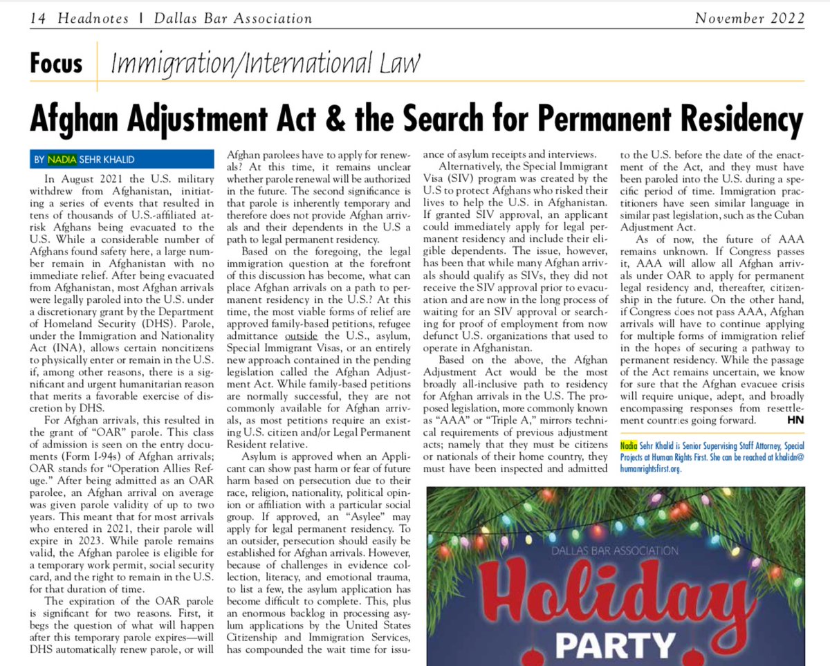 'The Afghan evacuee crisis will require unique, adept & broadly encompassing responses from resettlement countries,' which is why we need the Afghan Adjustment Act, writes @humanrights1st Sr Supervising Staff Att'y Nadia Khalid in @DallasBarAssoc Headnotes bit.ly/3DMTXcc