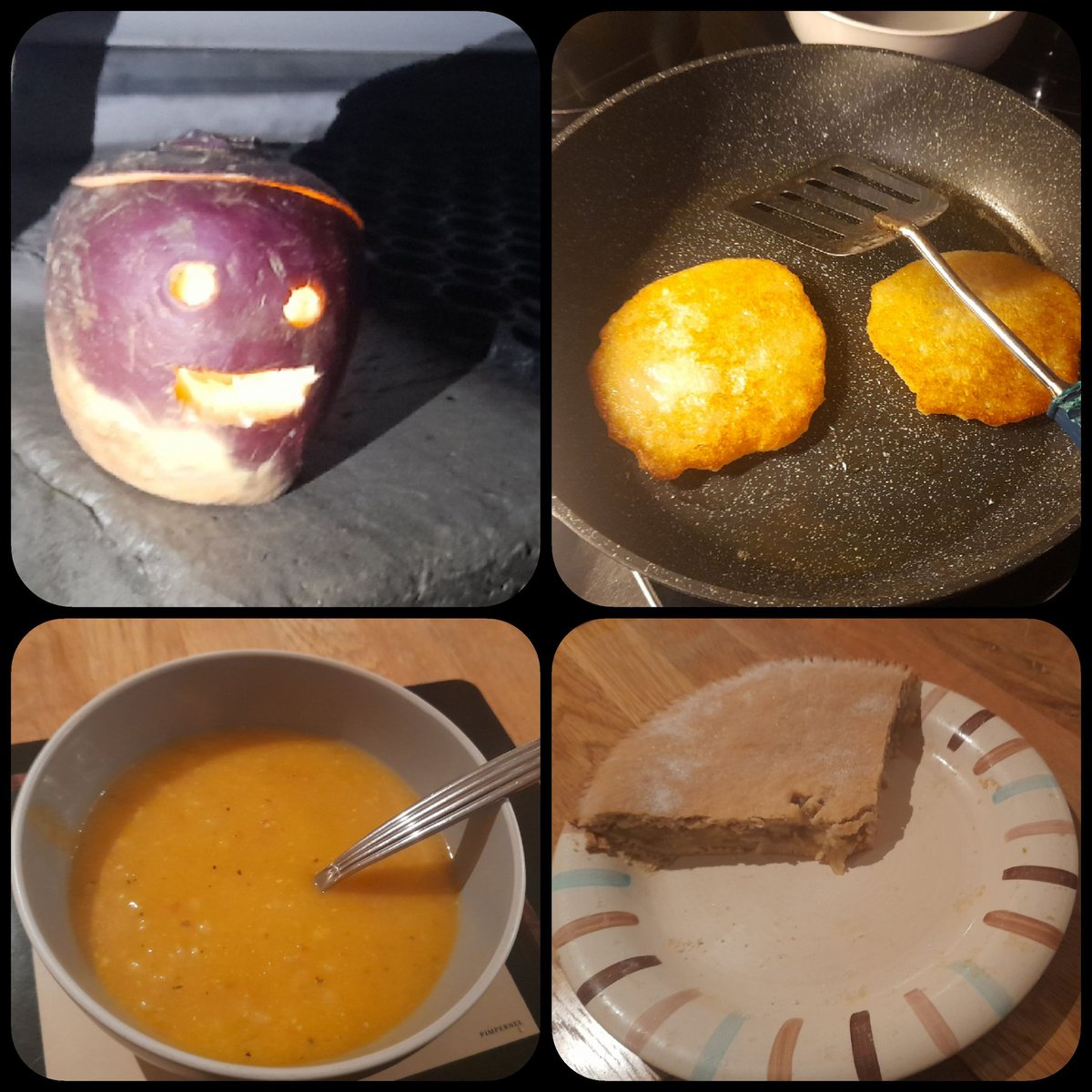 J_F_belleek's tweet photo. A turnip Jack-O'-Lantern.
Boxty, pumpkin soup and appletart.
Halloween traditions. 

Oíche Shamhna shona duit👻🧙‍♀️🎃

I made the Jack-O'-Lantern, @caroline_feely made the rest - I think I got the handier assignment🤔

#Halloween
#Boxty
#jackolantern https://t.co/yGHKDbIZe7