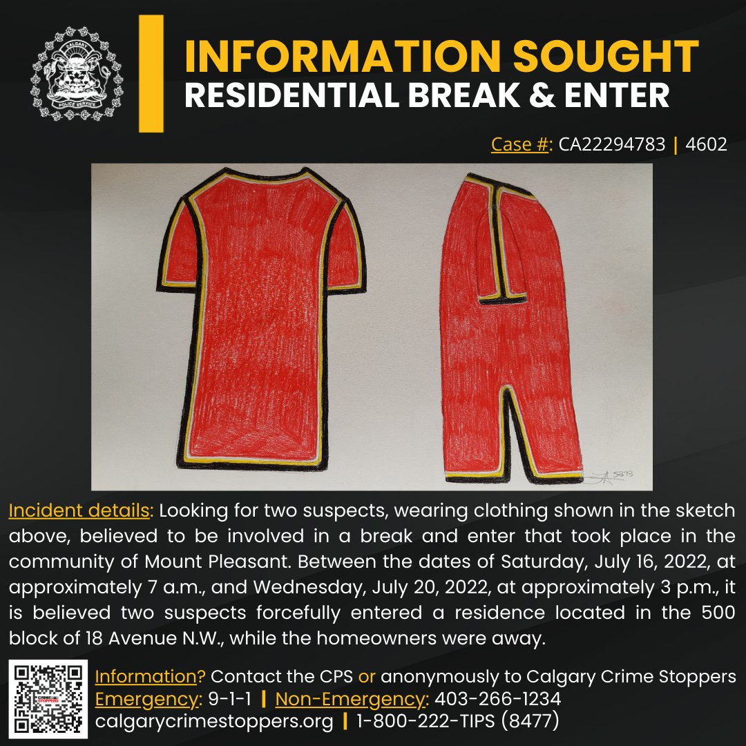 Police are seeking information about a break and enter from earlier this year and are looking for the public’s help to identify two suspects believed to be involved. The suspects were believed to be wearing matching jerseys at the time of the incident. 🌐 newsroom.calgary.ca/police-seek-in…