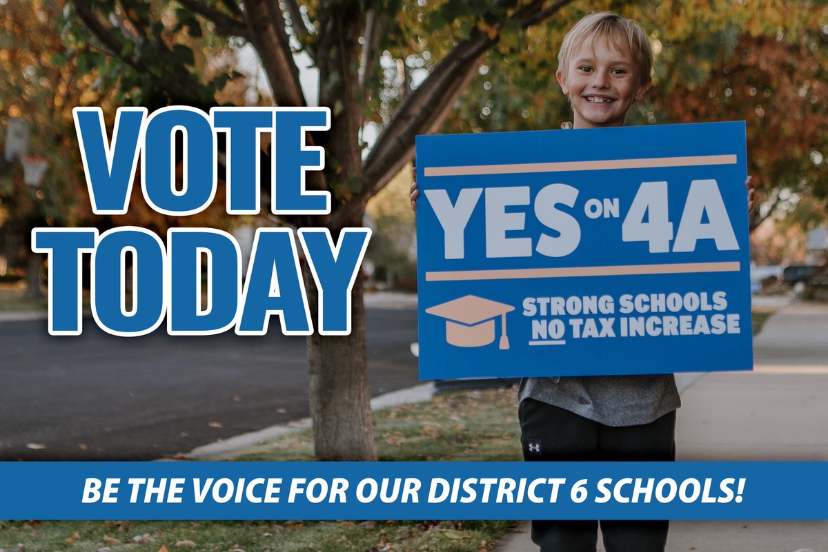 D6greatschools's tweet photo. It's time to turn in those ballots with a #YesOn4A! Be the voice for our District 6 schools! Issue 4A is the last item on ballots in Greeley and Evans, on the second page of the ballot.

Visit: https://t.co/qVbse2lNyK for drop-off locations!

#YesOn4A #NoTaxIncrease https://t.co/1YIzoLTlqh
