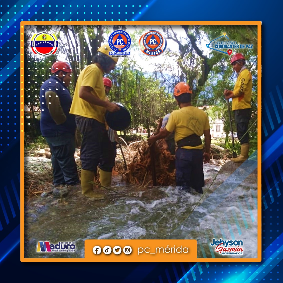 PC_MERIDA's tweet photo. Socorristas del Grupo Águilas de Rescate el Playón efectuaron labores de despeje de material vegetal en el cauce del afluente hídrico ubicado en el sector Los Camellones parroquia, Gonzalo Picón Febres https://t.co/3Vup1Bcwxj