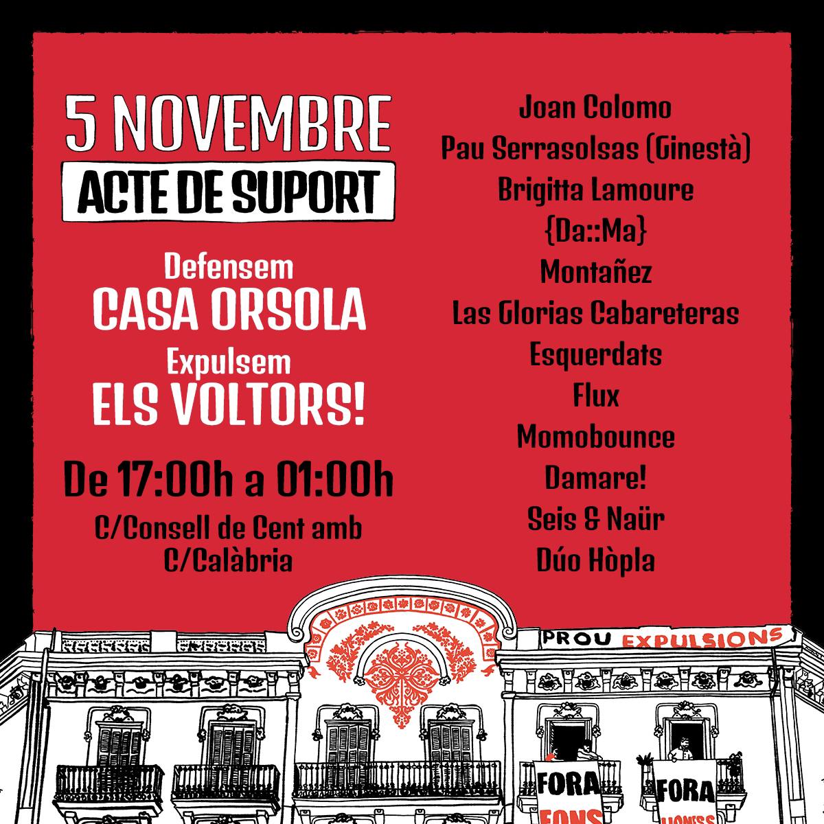 Ja tenim cartell pel 5 de novembre, de l'acte de suport a Casa Orsola!!🤩

Us hi esperem!