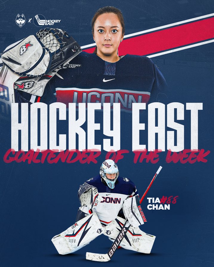 UConnWHOC's tweet photo. Huge congrats to Tia Chan on being named @hockey_east Stop It Goaltending goaltender of the week‼️💪 https://t.co/d6UriPhmK0