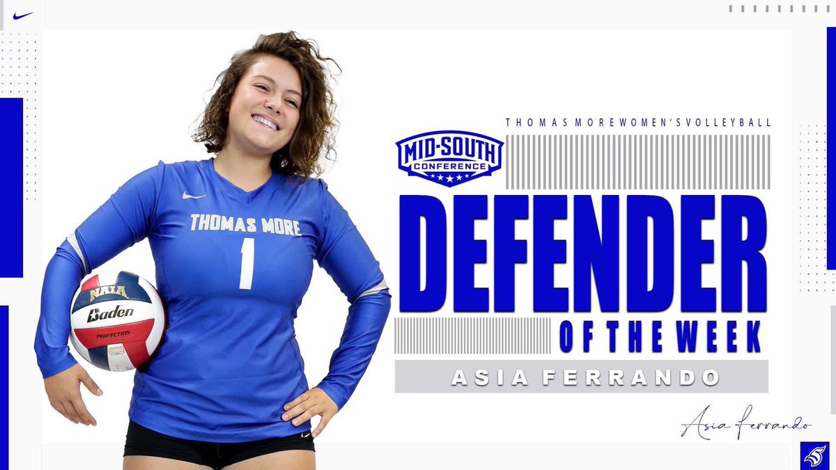Congrats to women's volleyball player Asia Ferrando on being named MSC Defender of the Week. @ThomasMore_WVB #LetsGoSaints