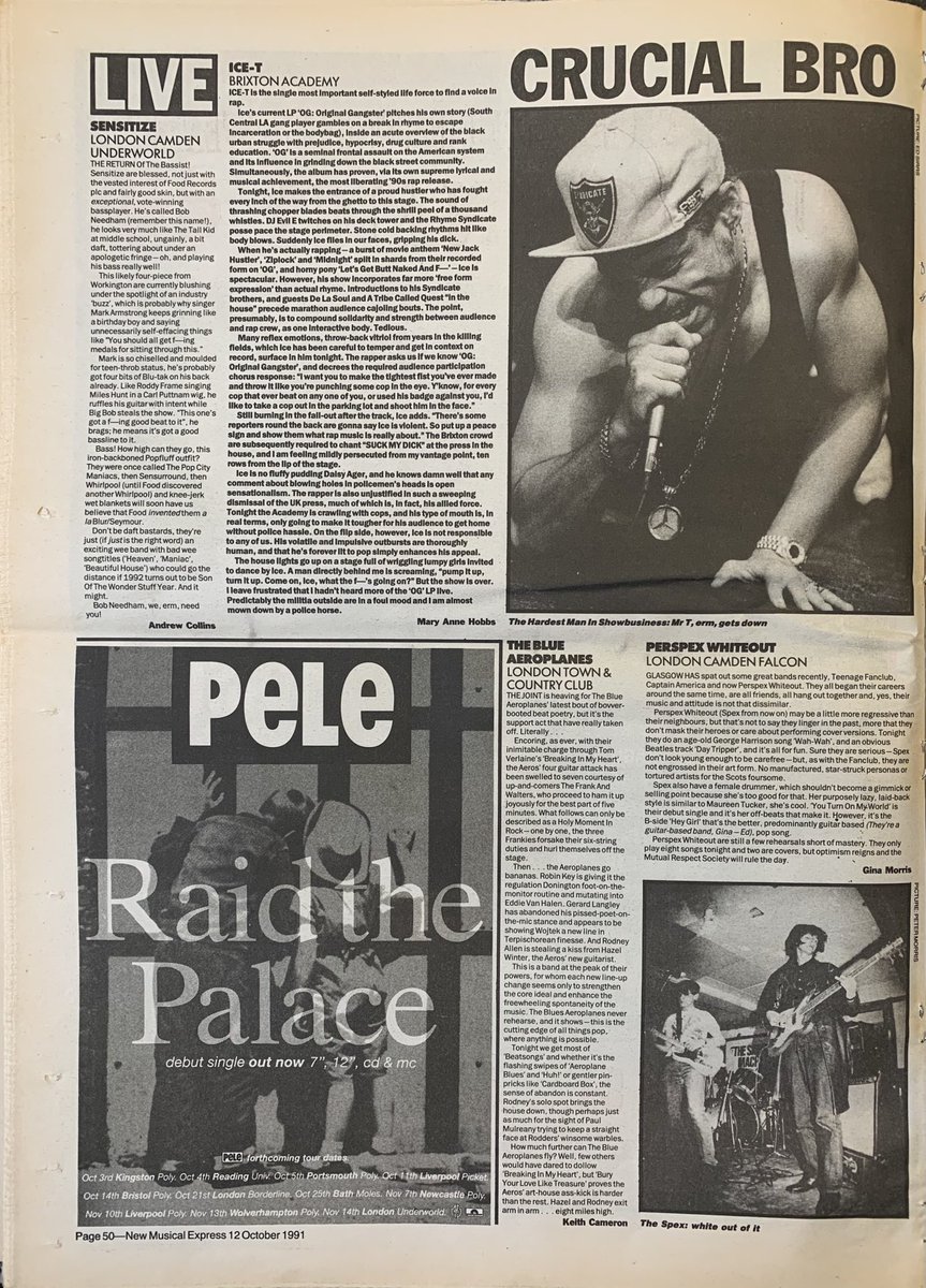 Live! Ice-T! Blue Aeroplanes! And more! NME, 12 October 1991. #NME #MyLifeInTheUKMusicPress #1991
