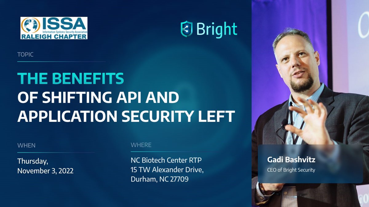 BrightAppSec's tweet photo. 📢 This week! 

Join our CEO and Co-founder, Gadi Bashvitz, at the @RaleighISSA Chapter meetup on Thursday, November 3rd, to hear his talk on the benefits of shifting API and Application Security Left! ⬅️

Learn more: https://t.co/GquCE241TU https://t.co/AOiGt4ONn8