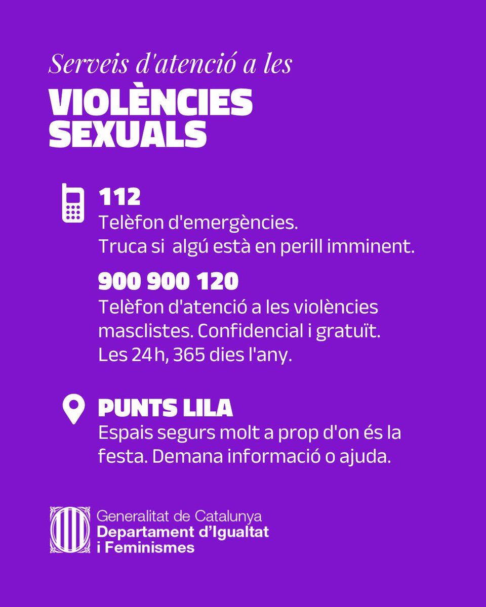 igualtatcat's tweet photo. 🟣 Hi ha #PuntsLila a prop de la festa. Si pateixes o saps d'algú que ha patit una situació de #ViolènciaSexual, adreça't i demana ajuda
 
Tingues presents els #telèfons d'ajuda i atenció. Són gratuïts i funcionen totes les hores del dia, tots els dies de la setmana

#NoEstàsSola https://t.co/gXTxvAqy7v